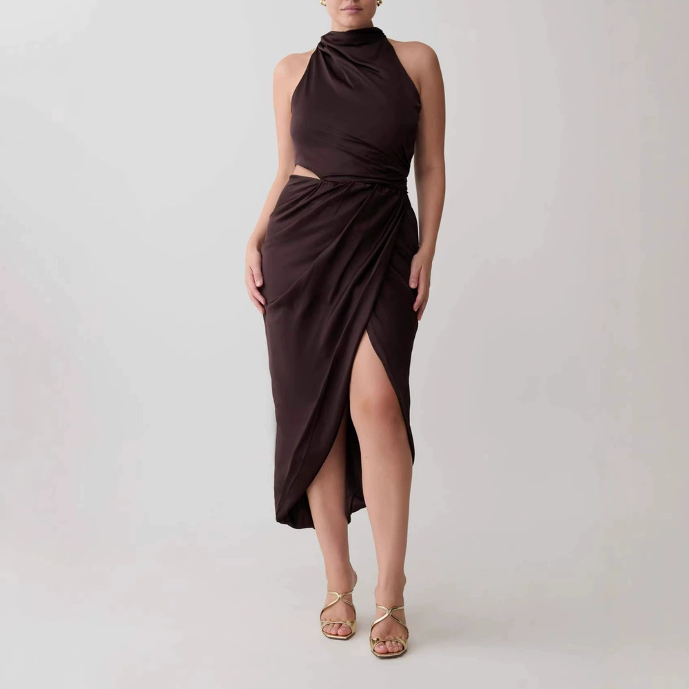 Forever 21 Summer Sleeveless Deep Brown Pleated Split Fitted Maxi Dress